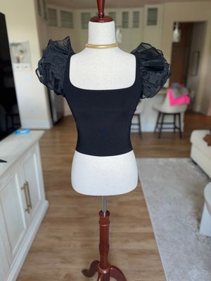 Women's Alice + Olivia Black Ribbed Puff Sleeve Top XS NWT