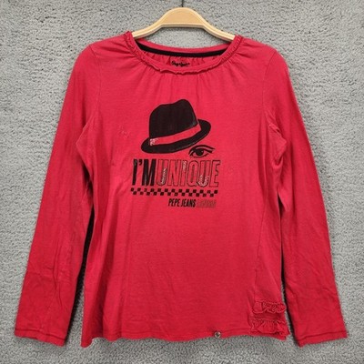 Pepe Jeans London Red I'M UNIQUE Graphic Ruffle Long Sleeve Top Size UK16