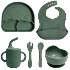 6 Pack Silicone Baby Feeding Set Suction Plate Spoon Fork Bowl Water Cup