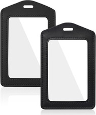 2 Pcs Genuine Leather ID Badge Holder Vertical Double-Side Clear Card Holder Wat