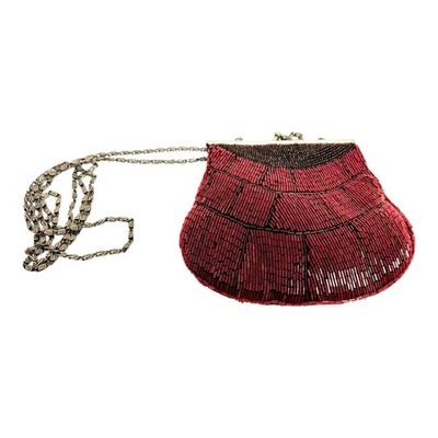 Vintage Red Beaded Evening Hand Bag Purse Kiss Clasp 15x12cm Silver Chain