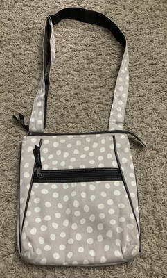 Thirty-One Crossbody Bag Purse Tan w/White Circles Inner/Outer Pockets 11''x9.5''