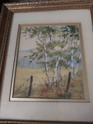 Signed Anne Connolly Vintage  Watercolor Painting Of NJ Birch Tree Lined Fence
