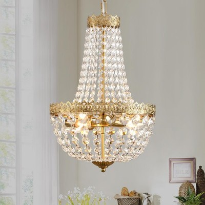 KAERDI Mini French Empire Crystal Chandelier 4 Lights Pendant Brushed Brass 