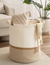 72L Cotton Rope Laundry Basket with Wooden Handles for Clothes and Toys Storage