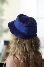 Vintage 50s 60s Charles F Berg Fur Felt Blue Hat Cloche Bucket Bow England