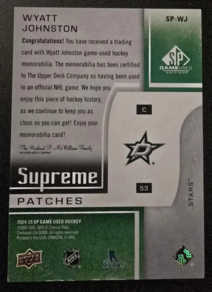 2024/25 SP Game Used Wyatt Johnston Tri Color Player-Worn Patch 7/15! - Image 4 of 4