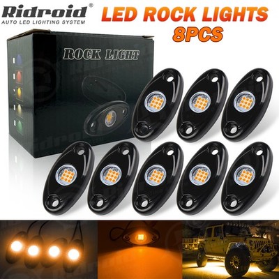 8 Pods Amber LED Rock Lights Truck Offroad Car Underbody Trail Rig Glow Lamp