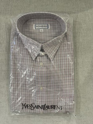 Yves Saint Laurent Men's Dress Shirt Check Pattern Gray Red White Size 15 32/33