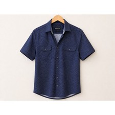 Kenneth Cole New York Slim Fit Short Sleeve Button Down Men's Medium Navy Geo