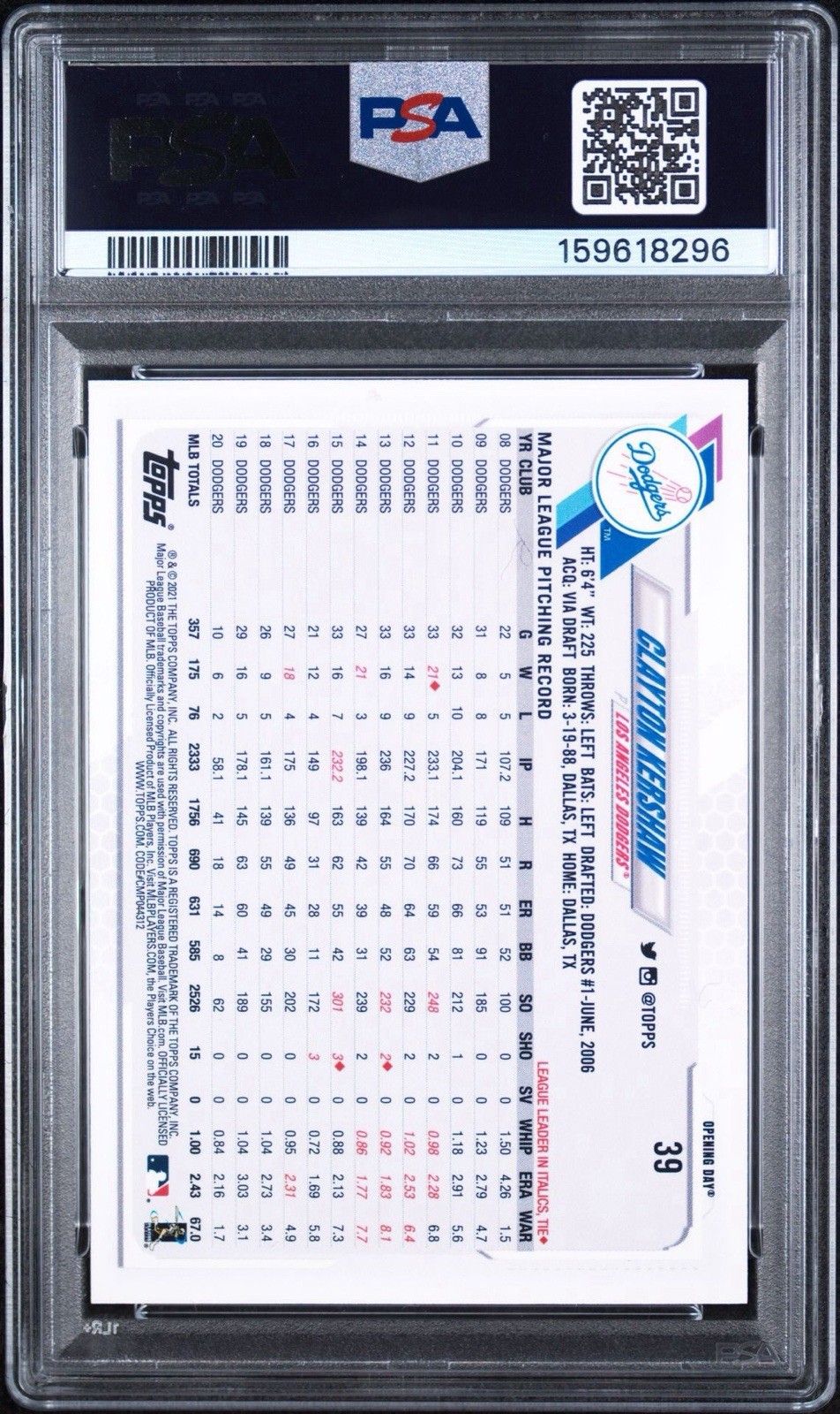 2021 Topps OPENING DAY #39 Clayton Kershaw PSA 10 GEM; Los Angeles Dodgers MLB view 2
