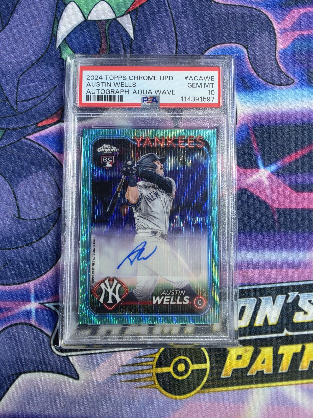 Austin Wells 2024 Topps Chrome Update AQUA WAVE Refractor RC AUTO /199 PSA 10