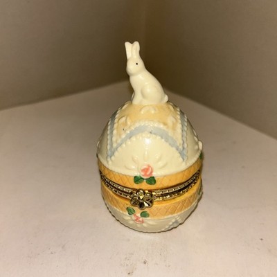 Ceramic Egg Trinket Box With Bunny Easter Flowers Goldtone Hinge 4'' H