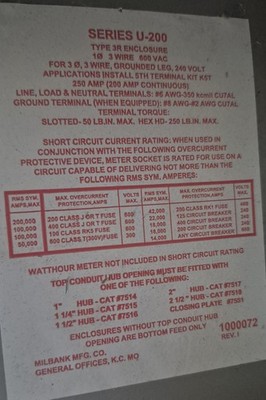 3 Wire Meter Loop Serious U-200 Type 3R Enclosure 600Vac Plus 5 Circuit Breakers