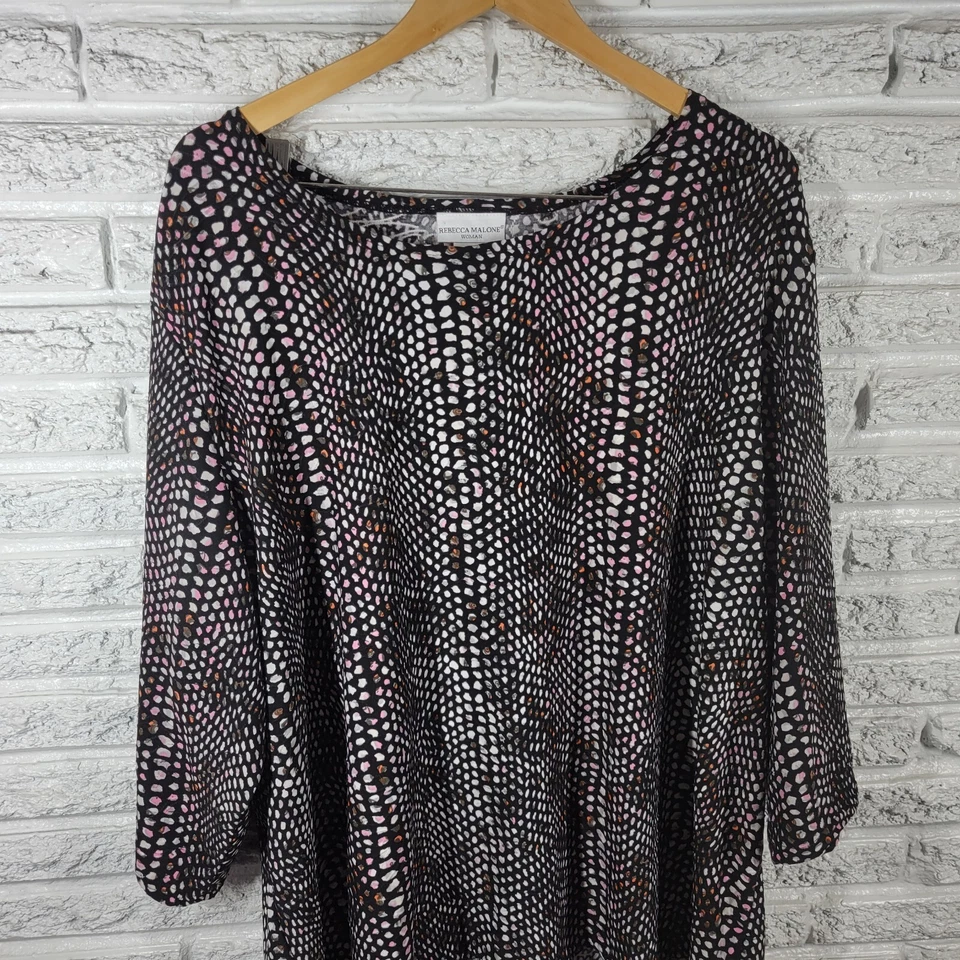 Rebecca Malone Womens Top 3X Plus 3/4 Sleeve Poly Blend Black Pink Watercolor - Image 3 of 4