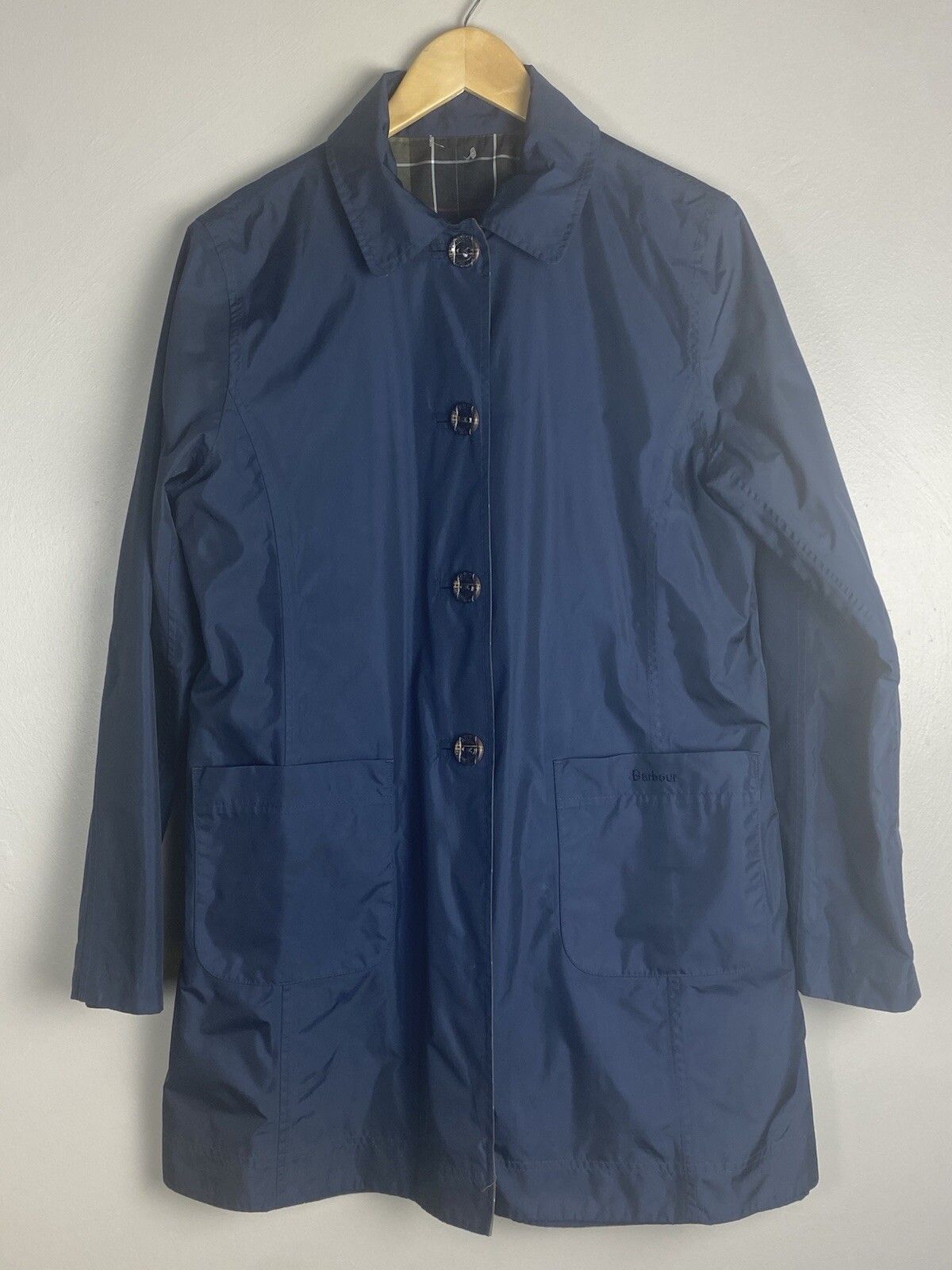 Barbour Coat Size 12 Blue Polyester Women's Reversible Check Waterproof Preloved