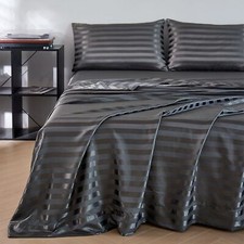 Satin Silky Sheet Set 3 Piece Twin Size Bed Sheet Set Strip Pattern Deep Pocket