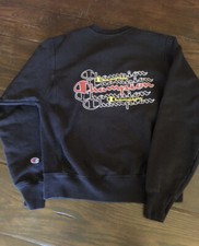 Champion Reverse Weave Crew Neck Sweatshirt Black Spellout Script Logo back Sz S