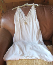 Antique Edwardian Button Crotch Linen Lace V Neck Teddy One Piece Lingerie L/XL