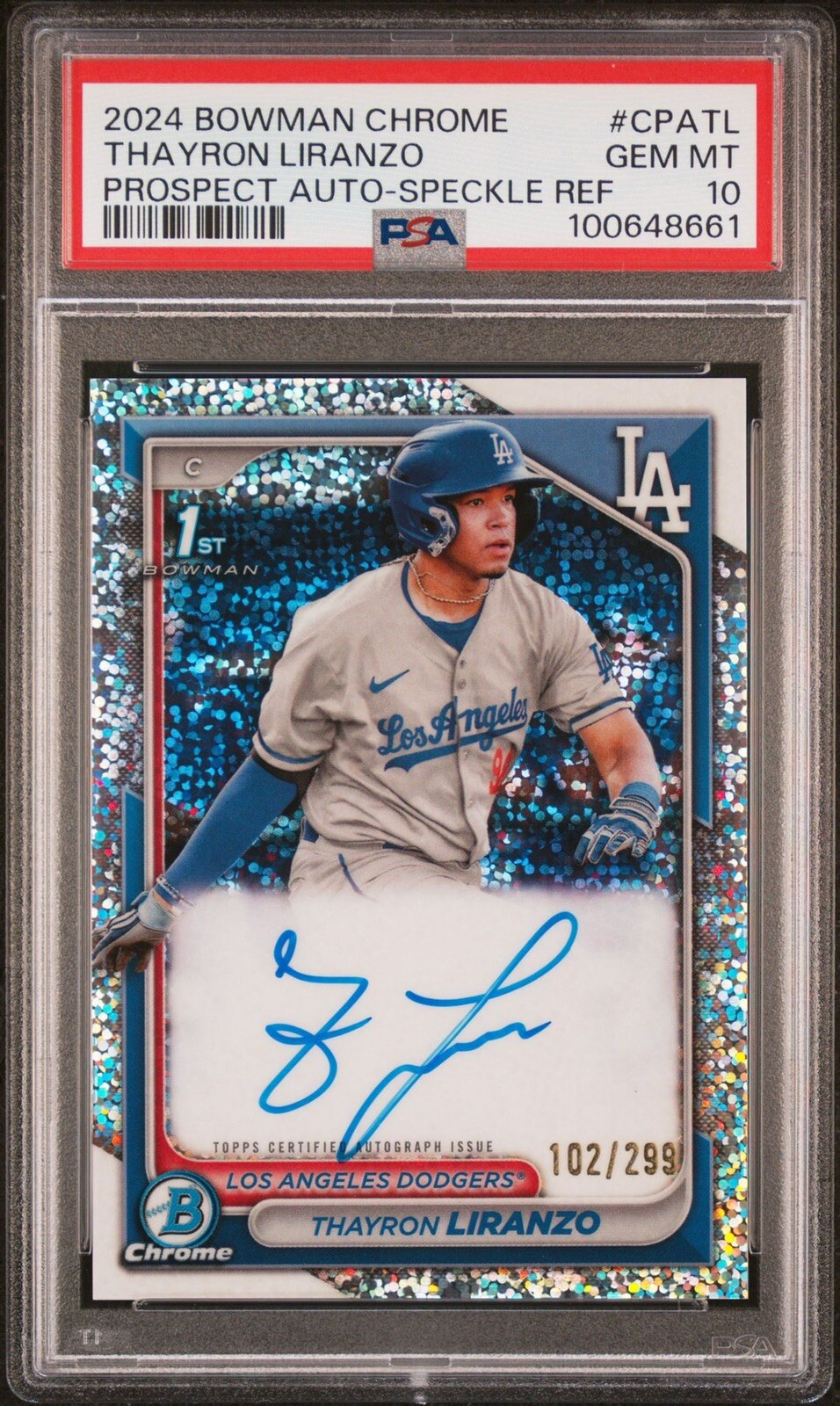 2024 Bowman Chrome 1st Thayron Liranzo Speckle Refractor Auto 102/299 PSA 10