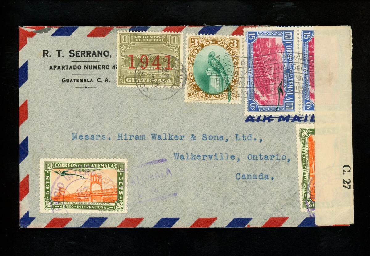 Postal History Guatemala #295+C115+C117+RA16 Airmail WWII Censor