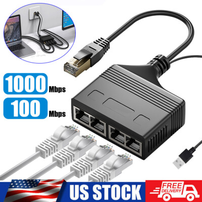 1000Mbps Ethernet Splitter Adapter RJ45 Cable LAN Network Internet 1 TO 4