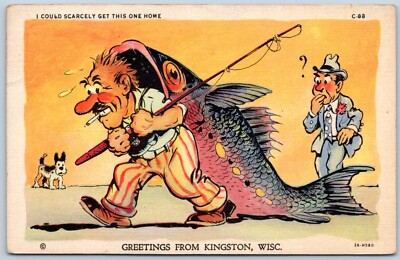 Postcard WI Greetings From Kingston Wisconsin Exaggerated Fish Comic B119