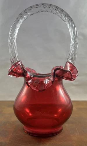 Vintage Cranberry Fenton Art Glass Basket Clear Twisted Handle