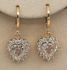 New 18K Yellow Gold Filled Clear White Heart CZ w/Halo Mini Hoop Dangle Earrings