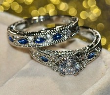 2Ct Round lab-Created Blue Sapphire Cluster Engagement Ring 14KWhite Gold Plated