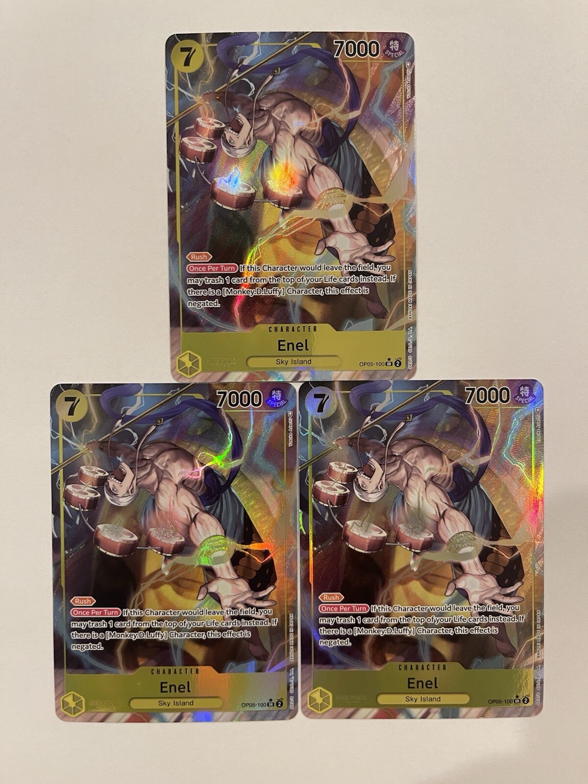 3X Enel OP05-100 SR Alt Art ONE PIECE Card English Awakening of the New Era x 3!