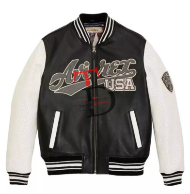Mens Avirex Black USA Genuine Cowhide Leather Bomber  American Flight  Jacket