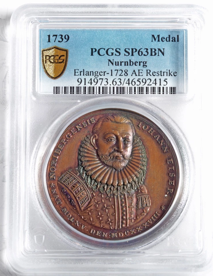 1739, Nuremberg. Bronze "Johann Eiser (Merchant)" Medal. Restrike?! PCGS SP-63! - Image 3 of 3