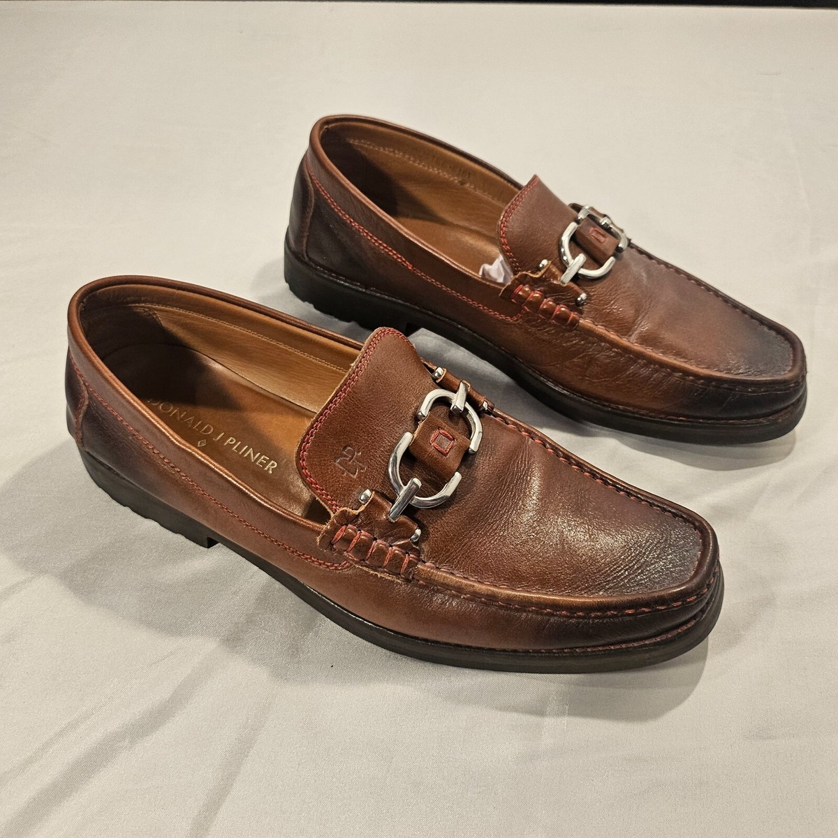 DONALD PLINER Dustee Brown Red Stitching Leather Loafers 