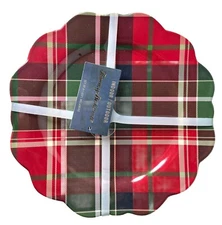 TOMMY BAHAMA 8.5” Salad Plates Scalloped Tartan Plaid Christmas Holiday SET 4