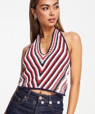 & Other Stories Crochet Cropped Halter Top Women s M Boho Festival 4th of July