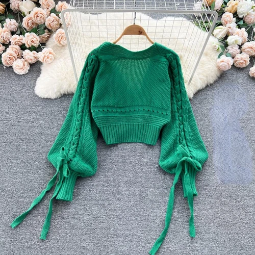 Lady Knitted Cardigan Top Coat Puff Sleeve Crop Winter Cute Casual Sweater Sweet - Imagen 6 de 19