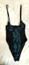 Vintage Alana Gale Teddy MEDIUM Teal Nylon Bodysuit High Rise Lingerie Lace