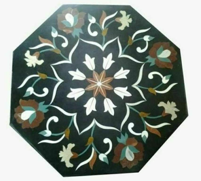 12-Inch Black Marble Coffee Table with Antique Malachite Inlay and Corner Design-image