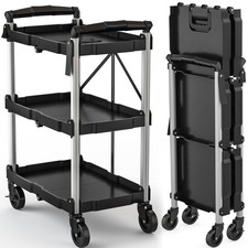 3Tier Folding Utility Cart, Foldable Service Cart Heavy Duty Collapsible Roll...