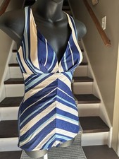 Vintage 50s Pin Up Rose Marie Reid Blue White Chevron Swim Bathing Suit 14