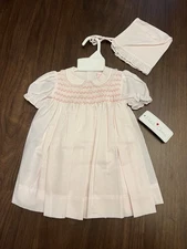 Petit Ami Pink Smocked With White Flowers Daygown Dress and Bonnet 9 Months NWT