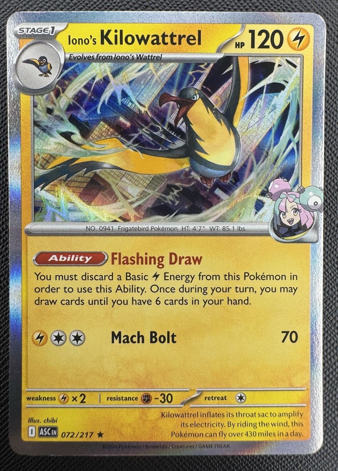 Pokemon Ascended Heroes Iono's Kilowattrel Rare Holo 72/217