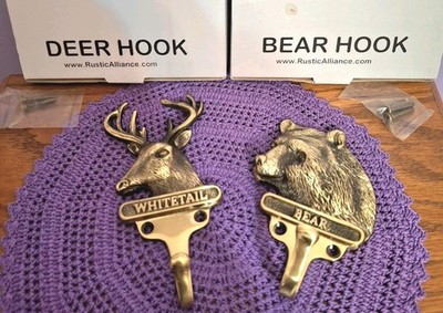 Set Of 2 Rustic Alliance Brass Whitetail Deer & Bear Wall Hooks Home Decor 