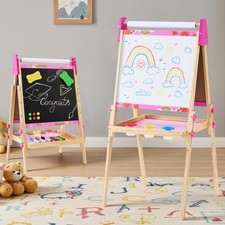 Kids Easel Set with Paper Roll, Adjustable Height Wooden Double-Sided Magneti...