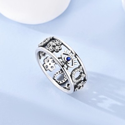 MULA 925 Sterling Silver CZ Evil Eye Clover Horseshoe Lucky Ring