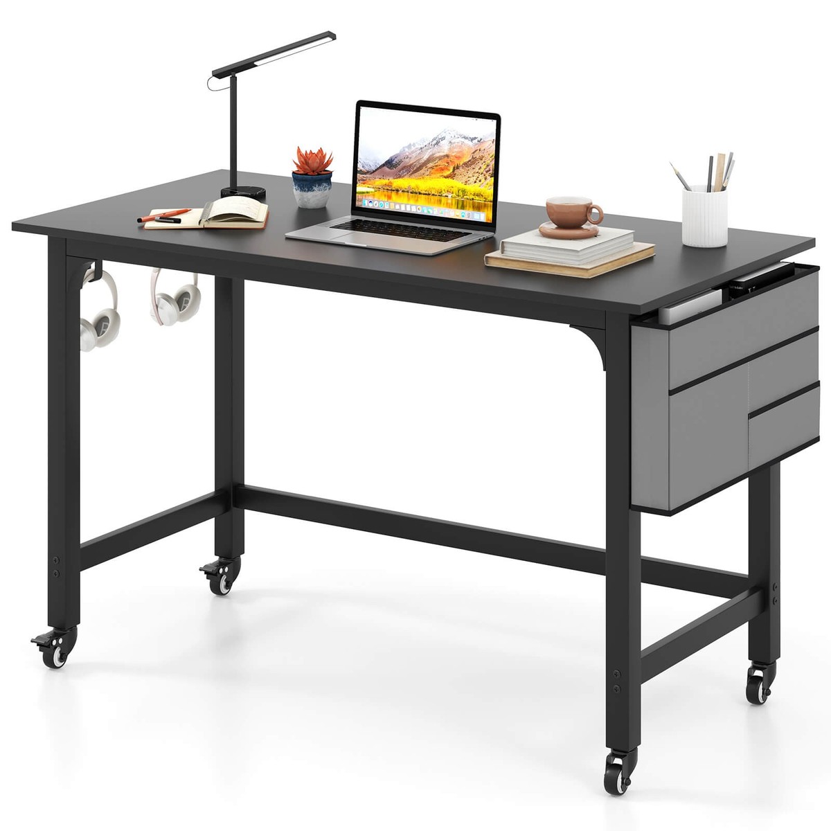 Rolling Computer Desk Metal Frame PC Laptop Table Wood Top Study