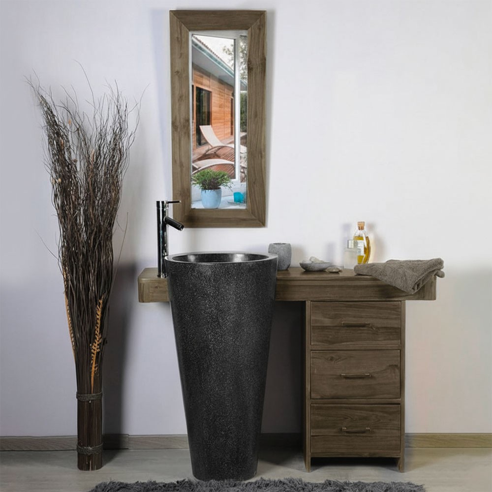 Meuble salle de bain teck 120 cm suspendu avec double tiroir et miroir vasque