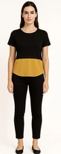 THML Blouse Black Mustard Gold Top Minimalist Workwear Office Sheer Boxy Large