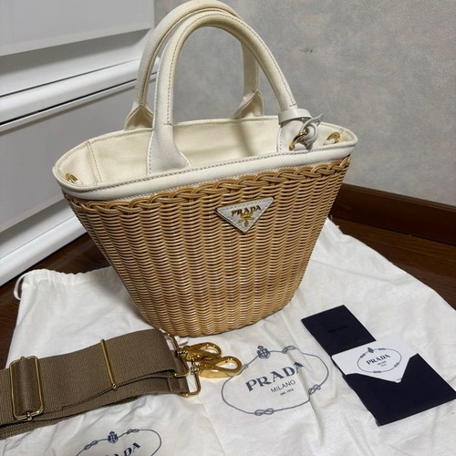 PRADA wicker basket bag white With Shoulder Strap  Italy Authentic Used